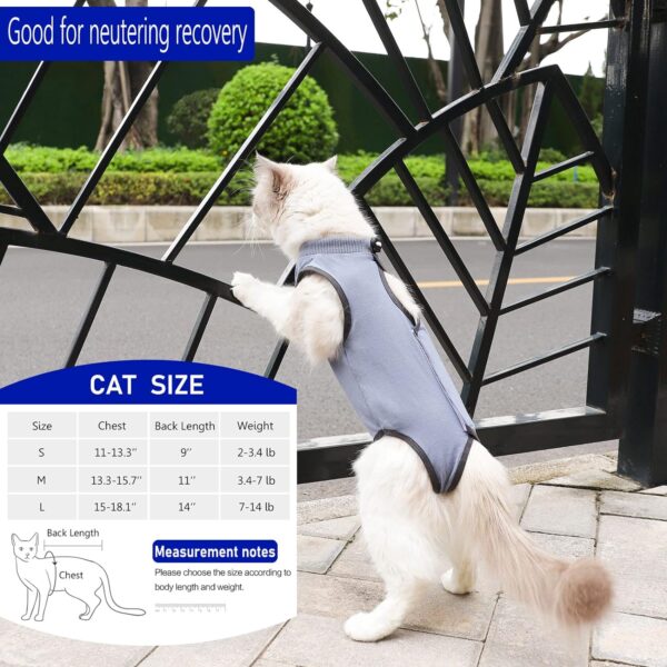 Cat Surgery Recovery Suit Cat Onesie for Cats After Surgery Spay Surgical Abdominal Wound Skin Diseases E-Collar Alternative Wear (Grey-Blue-M) - Image 2