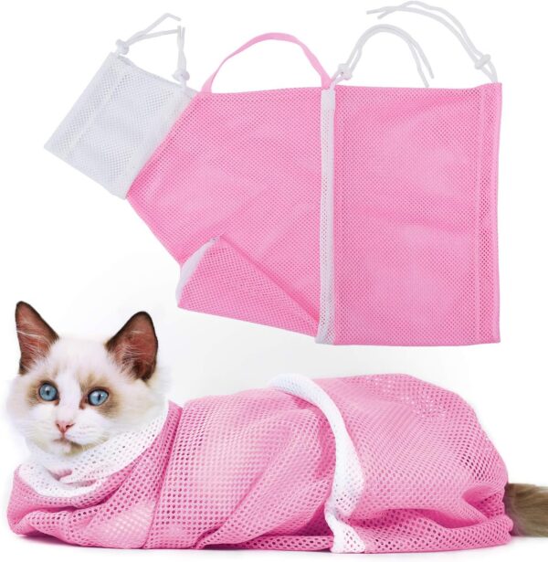 Cat Bathing Bag Anti-Bite and Anti-Scratch Cat Grooming Bag for Bathing, Nail Trimming, Medicine Taking,Injection,Adjustable Multifunctional Breathable Restraint Shower Bag(Pink)