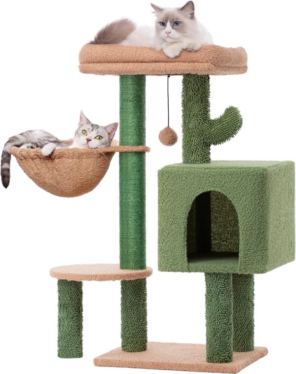 Cactus Cat Tree 34 Inches Small Cat Tower with Padded Top Perch, Comfy Hammock, Private Condo, Fully Scratching Post and Dangling Bell Ball for Indoor Cats- Khaki