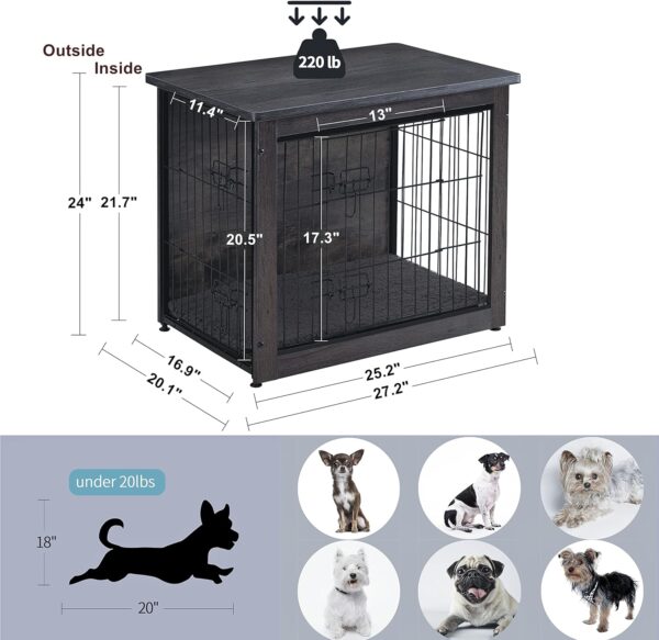 DWANTON Dog Crate Furniture with Cushion, Wooden Crate with Double Doors, Dog Kennel Indoor for Small/Medium/Large Dog, End Table, Small, 27.2" L, Dark Grey - Image 7