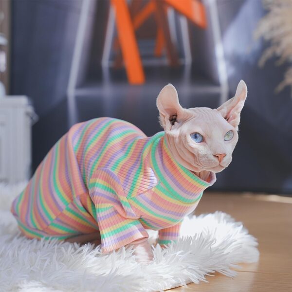 PUMYPOREITY Sphynx Cat Clothes, Soft Hairless Cats Shirt with Sleeves, Stretchy Cat Sweater, Pullover Cat Pajamas Jumpsuit, Turtleneck Cat Outfit for Sphynx Cornish Rex, Devon Rex, Rainbow, XS - Image 6