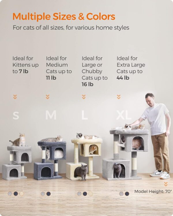 Feandrea Cat Tree, 26.4-Inch Cat Tower, S, Cat Condo for Kittens up to 7 lb, Large Cat Perch, 2 Cat Caves, Scratching Post, Light Gray UPCT611W01 - Image 7