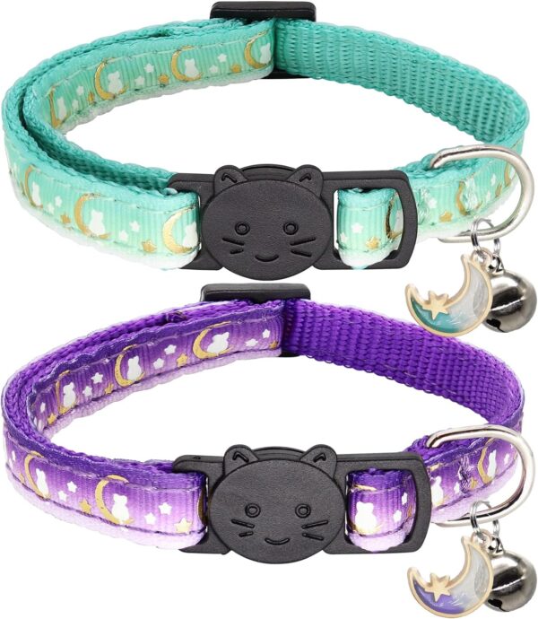 2 Pack Breakaway Cat Collar with Bells,Adjustable Moon and Star Kitten Safety Collars for Boys & Girls,Purple+Teal