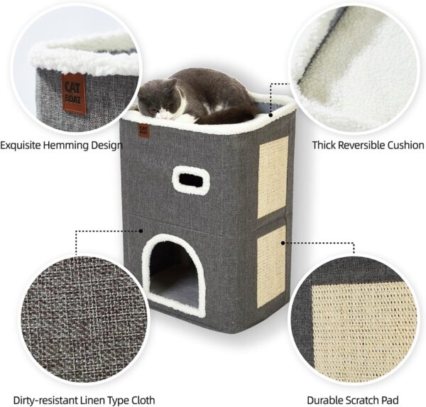 CATBOAT 2-Storey Cat House for Indoor Cats Bed, Covered Cat Beds & Furniture with Scratch Pad and Hideaway Cave, Cute Modern Cat Condo for Multi Small Pet Large Kitten Kitty, Grey - Image 3