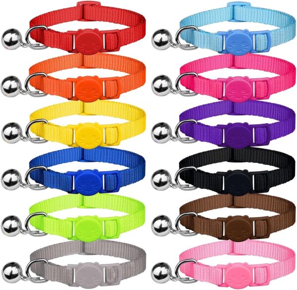 12 PCS Breakaway Cat Collars with Bell Colorful Soft Safety Buckle Cat Collars Adjustable Breakaway Kitten Collars Safety Collars for Cats, 7 in-11 in