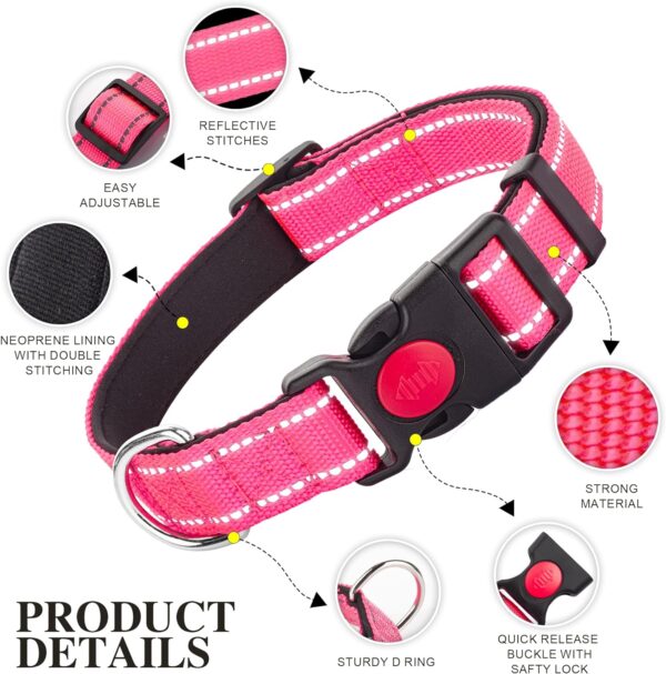 2 Pack Reflective Dog Collars for Medium Dogs Girl Boys,Nylon Durable Soft Padded Neoprene Male Female Dog Collars for Small Puppy Extra Large Dogs with Quick Release Safety Buckle,Pink,Blue,M - Image 2