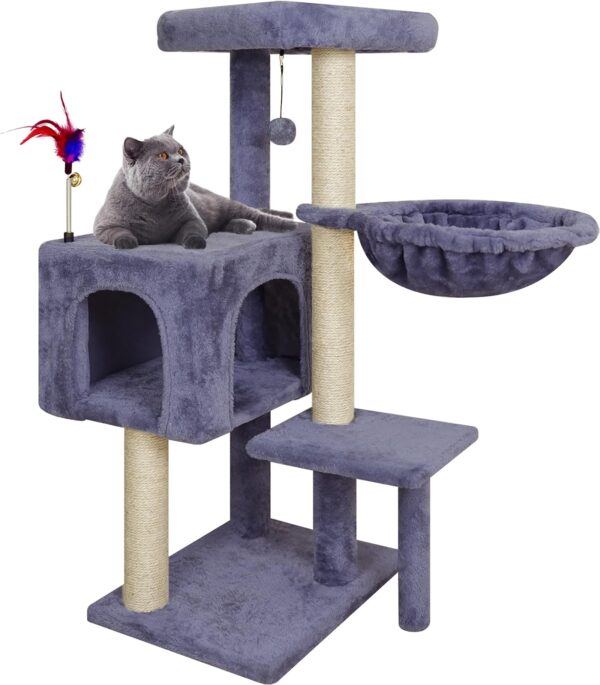 Multifunction Cat Tree has Cozy Hammock & Hanging Ball, Cat Tower with Activity Centre Furniture & Jute-Covered Scratching Posts Grey - Image 4