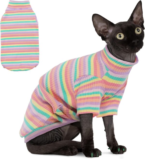 PUMYPOREITY Sphynx Cat Clothes, Soft Hairless Cats Shirt with Sleeves, Stretchy Cat Sweater, Pullover Cat Pajamas Jumpsuit, Turtleneck Cat Outfit for Sphynx Cornish Rex, Devon Rex, Rainbow, XS