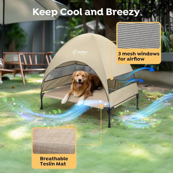 Veehoo Outdoor Dog Bed with Canopy, Cooling Elevated Dog Bed with Removable Shade, Non-Slip Feet, Raised Dog Cot Bed for Large Dogs, Dog Tent Bed for Camping, Beach, Large, Beige Coffee CWC2411 - Image 3