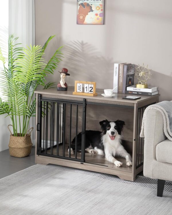 Dog Crate Furniture, 39.4" Double Door Dog Crate with Barn Door, Dog Kennel Indoor, End Side Table Wooden Dog Crate for Small Medium Large Dog, Anti-Chew Anti-Escape, Greige DFC02305B - Image 4