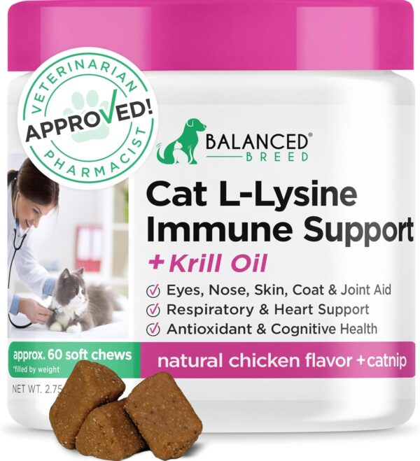 Balanced Breed L-Lysine Cats Immune Support Soft Chews Made in USA Non-GMO Vet-Pharmacist Approved Omega 3 Krill Oil Cat Vitamins Indoor Cats Supplements Cat Asthma Relief Cats Lysine Allergy Relief