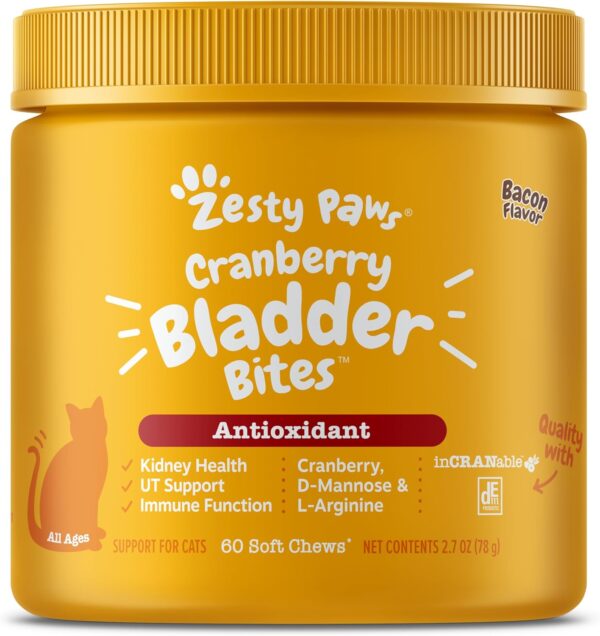 Zesty Paws Cranberry Bladder Bites for Cats - Kidney & Urinary Tract Health - Soft Chews with D-Mannose, Vitamin B6 & L-Arginine - Immune & Gut Support - Bacon - 60 Count