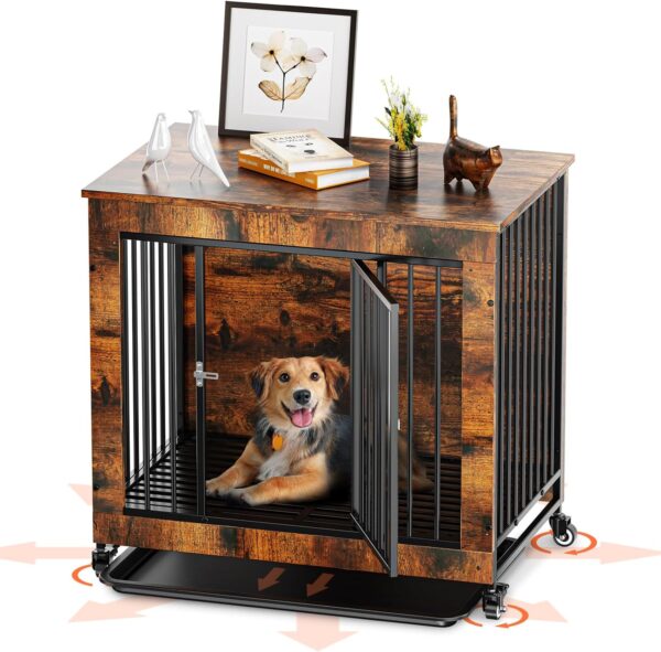 Large Wooden Dog Crate Furniture: Courpal® 30" End Table Dog Kennel Indoor for Medium Breed with Wheel - Extra Heavy Duty Room Corner Pet Cage - Brown Night Stand Table Top Modern Decorative Style