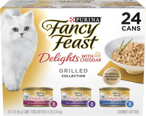 Purina Fancy Feast Delights with Cheddar Grilled Chicken, Turkey or Whitefish and Cheddar Cheese Feast in Gravy Wet Cat Food Variety Pack - (Pack of 24) 3 oz. Cans