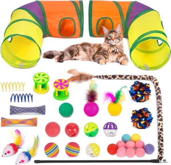 Cat Toys Bundle 33 Pcs,Cat Play Tunnel for Indoor Cats,Kitten Toys Include 2 Collapsible Cat Tunnel Tube Tent,Cat Feather Teaser Wand,Cat Bell Rainbow Ball Crinkle Toy Springs Mouse Toys Pom Pom Balls