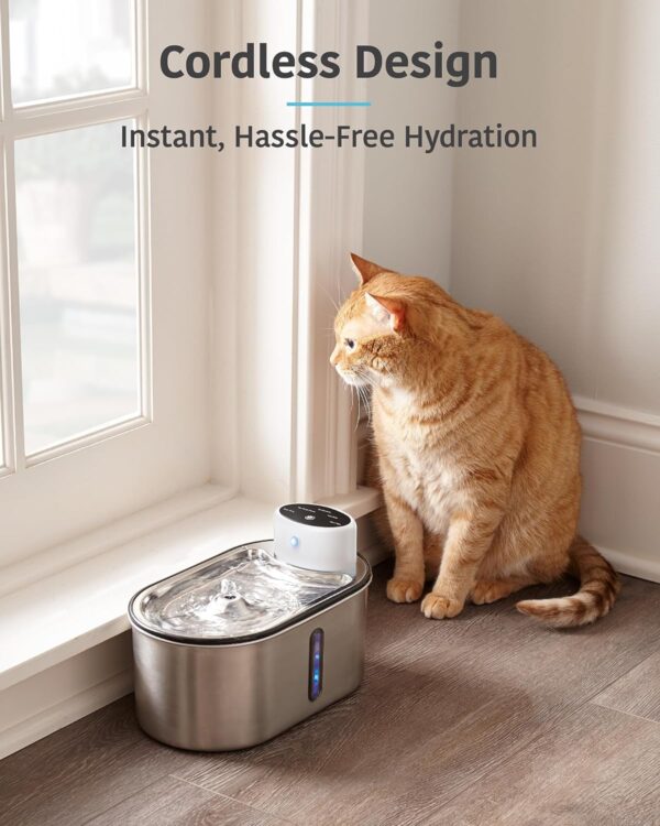 Veken Wireless Cat Water Fountain, Stainless Steel, Battery Operated, 101oz/3L Automatic Water Dispenser for Cats & Dogs, 3 Intelligent Modes, 120° Degree-Radar Sensor, Separate Battery Compartment - Image 2