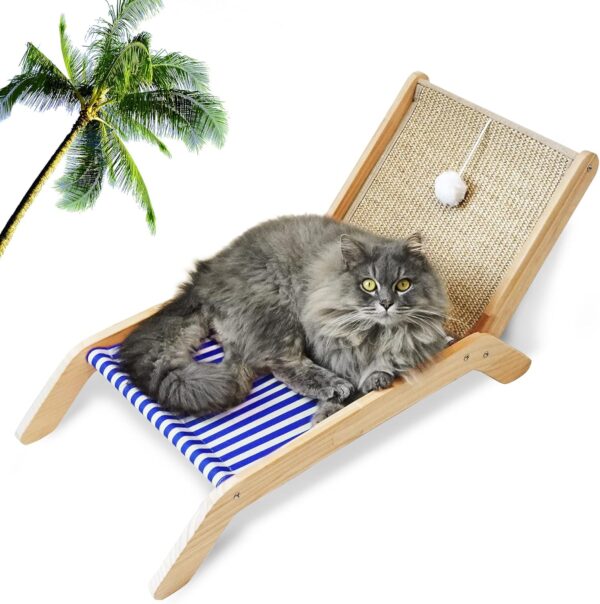 Beach Chair Cat Hammock, Elevated Cat Beds for Indoor Cats, Original Cozy Cat Lounger with Sisal Scratcher and Toy Ball