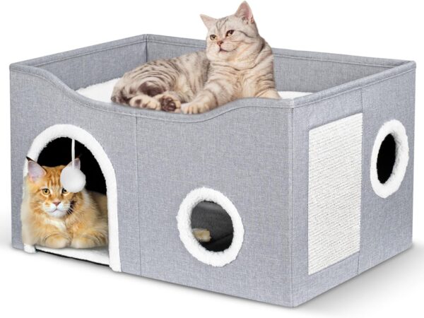 Heeyoo Cat House for Indoor Cats - Large Cat Bed Cave with Fluffy Ball and Scratch Pad, Foldable Cat Condos, Cat Cubes, Cat Hideaway, Covered Cat Bed