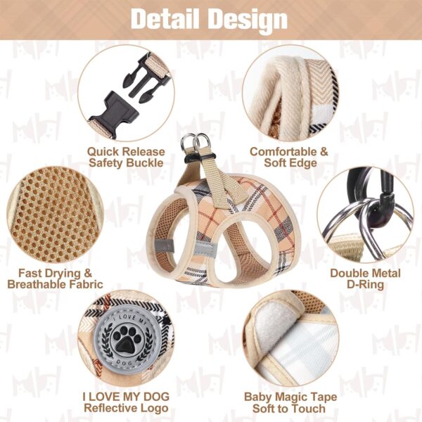 BEAUTYZOO Small Plaid Dog Harness and Leash Set for XS S Pets, Step in No Chock No Pull Soft Mesh Dog Vest Harnesses Reflective for Extra-Small/Small Medium Puppy Dogs and Cats, Beige S - Image 3