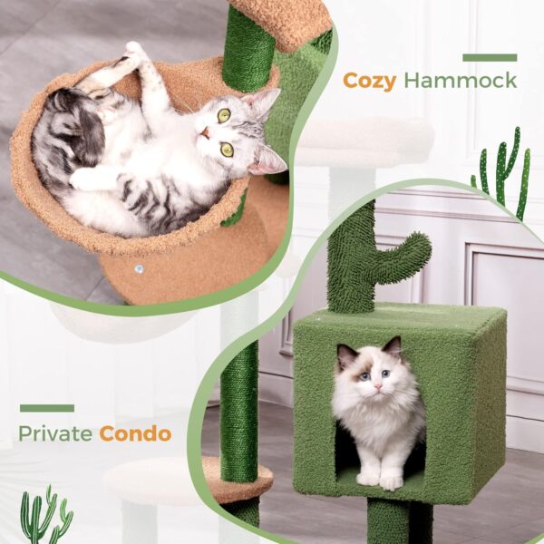 Cactus Cat Tree 34 Inches Small Cat Tower with Padded Top Perch, Comfy Hammock, Private Condo, Fully Scratching Post and Dangling Bell Ball for Indoor Cats- Khaki - Image 3