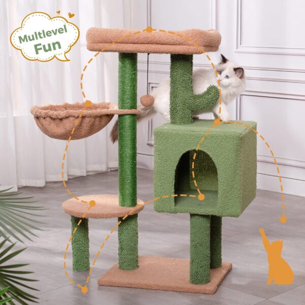 Cactus Cat Tree 34 Inches Small Cat Tower with Padded Top Perch, Comfy Hammock, Private Condo, Fully Scratching Post and Dangling Bell Ball for Indoor Cats- Khaki - Image 5