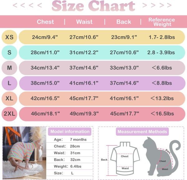 PUMYPOREITY Sphynx Cat Clothes, Soft Hairless Cats Shirt with Sleeves, Stretchy Cat Sweater, Pullover Cat Pajamas Jumpsuit, Turtleneck Cat Outfit for Sphynx Cornish Rex, Devon Rex, Rainbow, XS - Image 4