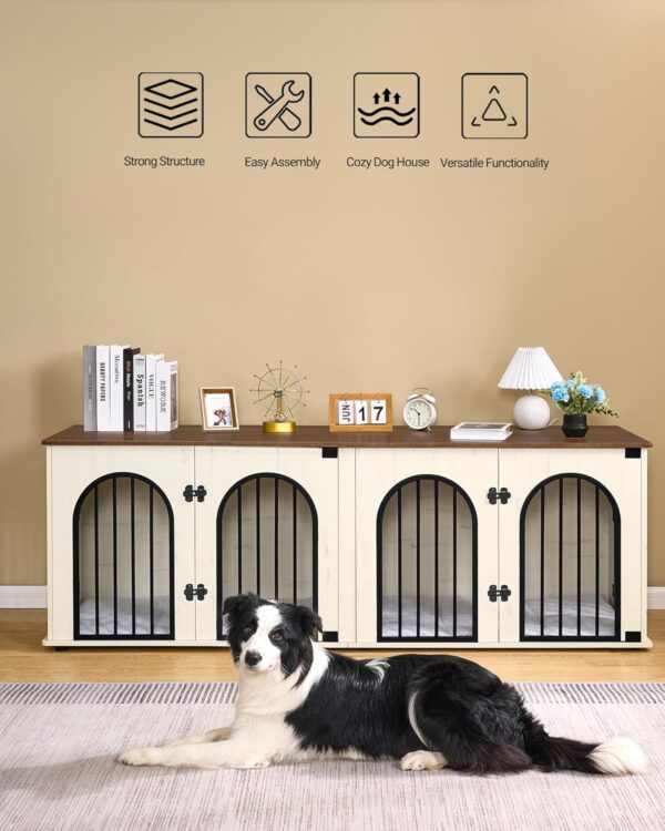 Dog Crate Furniture, 71" Heavy Duty Dog Kennels with Removable Divider, TV Cabinets, Wooden Dog Crate for 2 Dogs, with Cushion, Chew-Resistant, White and Brown DFC81914B - Image 3