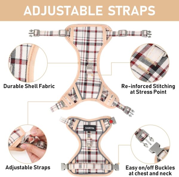 GAMUDA Dog Harness Collar and Leash Set, Dog Harness, No Chock No Pull Adjustable Vest Harnesses Plaid Reflective for Medium Dog, Cat, Small Horse, Small Bull and Pig (Beige, S) - Image 4