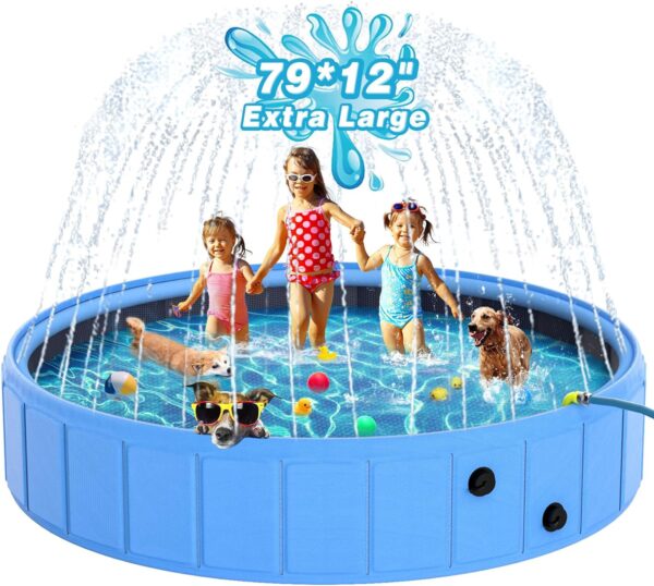 EPN Large Foldable Dog Pool, 0.55 MM PVC Portable 2-in-1 Heavy Duty Pet Pool Bathtub Dog Sprinkler Pool with Non-Slip Bottom, Outdoor Summer Water Toy for Dog, Cat, Kids (79'')