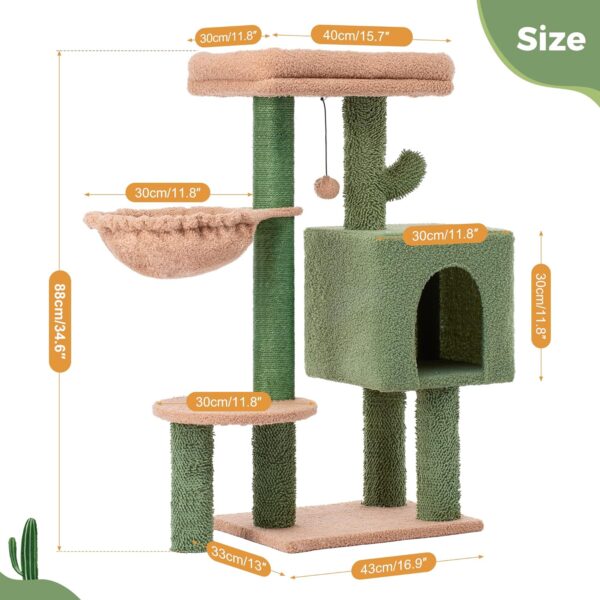 Cactus Cat Tree 34 Inches Small Cat Tower with Padded Top Perch, Comfy Hammock, Private Condo, Fully Scratching Post and Dangling Bell Ball for Indoor Cats- Khaki - Image 6