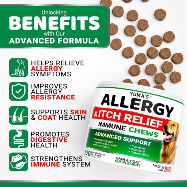 YUMA'S Dog Allergy Relief Chews - Dog Itching Skin Relief Treatment Pills - 170 Treats - Anti-Itch for Dogs - Itchy and Paw Licking - Dry Skin & Hot Spots - Omega 3 Fish Oil - Skin & Coat Supplement - Image 2