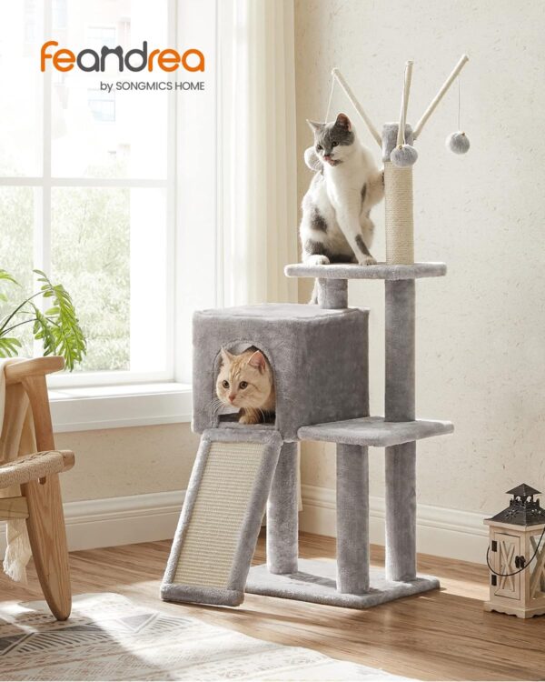 Feandrea Cat Tree, 46.5-Inch Cat Tower for Indoor Cats, Multi-Level Plush Cat Condo, Scratching Post, Ramp, 3 Removable Pompom Sticks, Cat Cave, Light Gray UPCT143W01 - Image 2