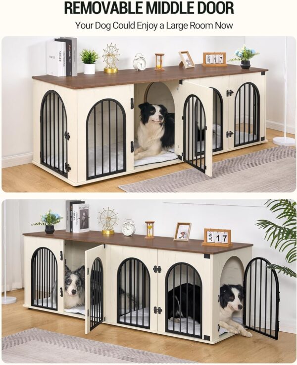 Dog Crate Furniture, 71" Heavy Duty Dog Kennels with Removable Divider, TV Cabinets, Wooden Dog Crate for 2 Dogs, with Cushion, Chew-Resistant, White and Brown DFC81914B - Image 4