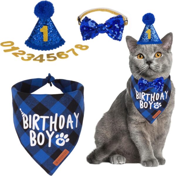 ADOGGYGO Cat Birthday Party Supplies, Birthday Boy Plaid Cat Bandana Cute Cat Bowtie, Cat Birthday Hat with Numbers, Pet Birthday Outfit for Cat Kitten (Blue)