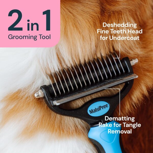 MalsiPree Cat Grooming Brush for Shedding- 2 in 1 Deshedding Tool and Undercoat Rake for Long and Short Haired Cats and Small Dogs with Double Coat - Dematting Comb for Matted Pet Hair Supplies (Blue) - Image 2