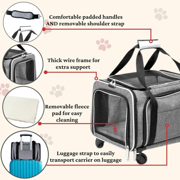 Airline Approved Expandable Premium Pet Carrier on Wheels- Two Sided Expandable Rolling Carrier- Designed for Dogs & Cats- Extra Spacious Soft Lined Carrier! (Grey) - Image 2