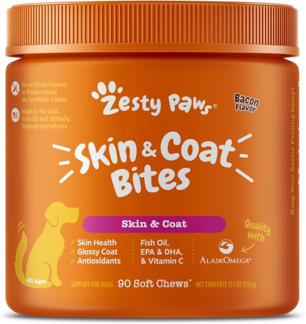 Zesty Paws Skin & Coat Bites for Dogs – Fish Oil Soft Chews with Omega-3 Fatty Acids EPA & DHA - Skin, Coat, Antioxidant & Immune Support - Bacon - 90 Count