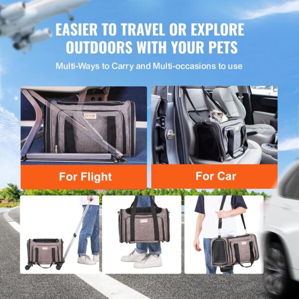 VEVOR Airline Approved PetCarrier with Wheels,Rolling CatDog Carrier,PetTravel Carrier on Wheels with Upgraded Wheels and Telescopic Handle,Expandable Carrier for under 25lbs-Grey,17.5"Lx11.2"Wx11.4"H - Image 7