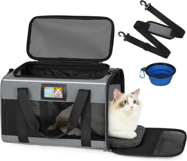 Cat Carrier, Cat Carrier Soft with Foldable Bowl, Pet Carrier Cat Carrier Hard Fits 15 lbs Medium Big Cats and Puppy, Dog Carriers for Small Dogs, Airline Approved Cat Travel Bag Grey