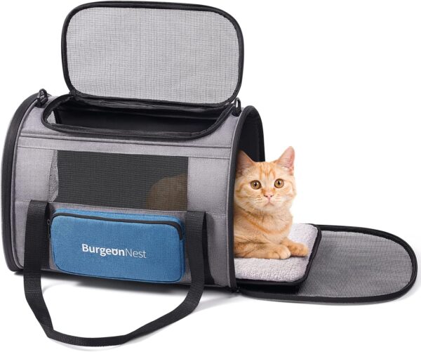 BurgeonNest Cat Carrier for Large Cats 20 lbs,Medium Cats Under 25 lbs,2 Cats and Small Dogs with Unique Side Bag,Top Load Pet Carrier Soft-Sided Escape Proof with 4 Ventilated Windows