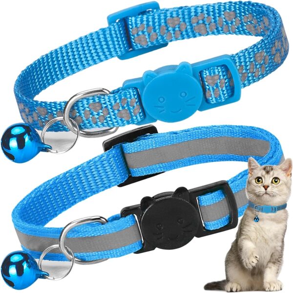 2 Pack Cat Collar with Bells, Reflective Collars for Cats with Breakaway Safety Buckle, Nylon, 7-12 Inch Adjustable, Blue