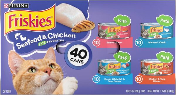 Purina Friskies Wet Cat Food Pate Variety Pack Seafood and Chicken Pate Favorites - (Pack of 40) 5.5 oz. Cans