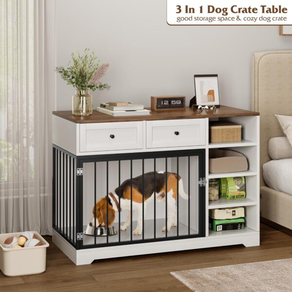 IDEALHOUSE Large Dog Crate Furniture, 47” Dog Crate with 2 Drawers and 4 Shelves, Heavy Duty Wooden Dog Crate, Decorative Dog Indoor Kennel Furniture Indoor with Storage, White - Image 5