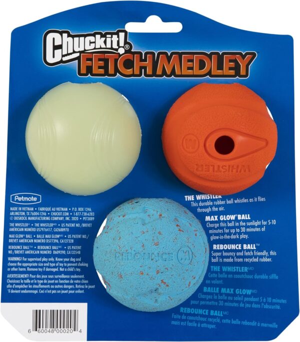 Chuckit Fetch Medley Dog Ball Dog Toys, Medium (2.5 Inch) Pack of 3, for Medium Breeds, Includes Whistler, Max Glow and Rebounce Balls - Image 2