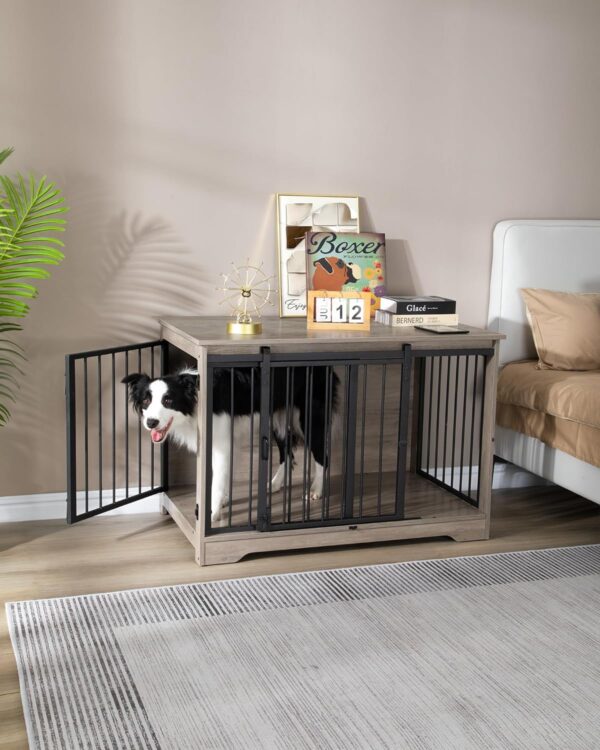 Dog Crate Furniture, 39.4" Double Door Dog Crate with Barn Door, Dog Kennel Indoor, End Side Table Wooden Dog Crate for Small Medium Large Dog, Anti-Chew Anti-Escape, Greige DFC02305B - Image 2