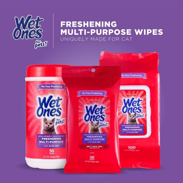 Wet Ones for Pets Freshening Multipurpose Wipes for Cats with Aloe Vera | Easy to Use Cat Cleaning Wipes, Freshening Cat Grooming Wipes for Pet Grooming in Fresh Scent | 50 ct Cannister Cat Wipes - Image 8