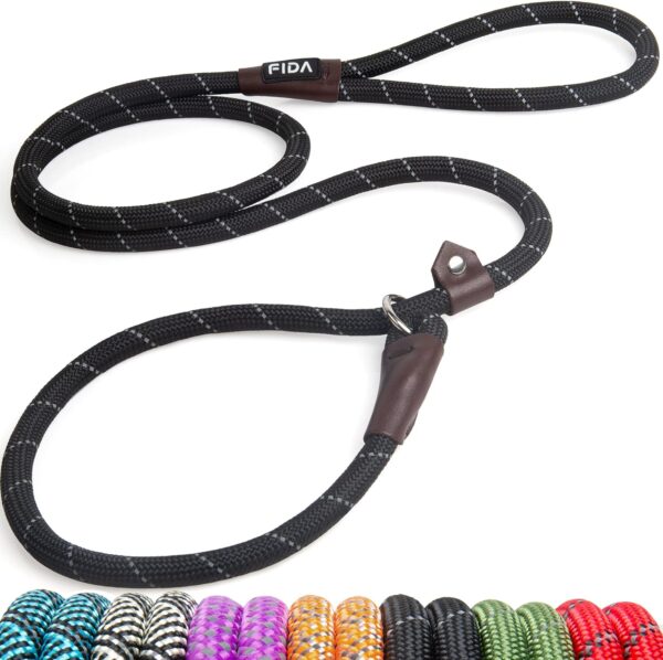 Fida Durable Slip Lead Dog Leash, 6 FT x 1/2" Heavy Duty Comfortable Strong Rope Leash for Large, Medium Dogs, No Pull Pet Training Leash with Highly Reflective, Black