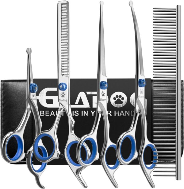 Dog Grooming Scissors Kit with Safety Round Tips, GLADOG Professional 6 in 1 Grooming Scissors for Dogs, Sharp and Heavy-duty Dog Grooming Shears for Dogs Cats Pets