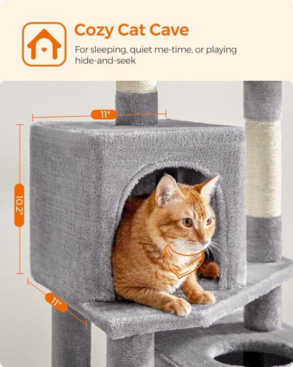 Feandrea Cat Tree, 61-Inch Cat Tower for Indoor Cats, Plush Multi-Level Cat Condo with 5 Scratching Posts, 2 Perches, 2 Caves, Hammock, 2 Pompoms, Light Gray UPCT192W01 - Image 4