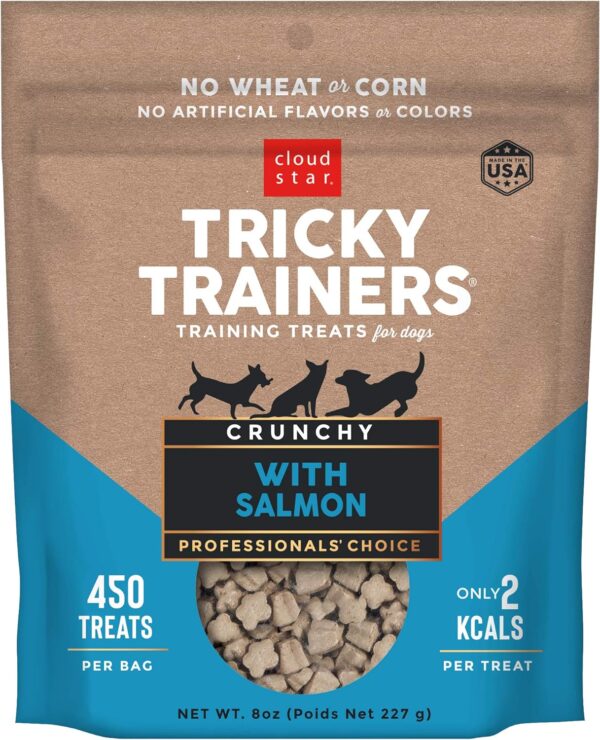 Cloud Star Tricky Trainers Crunchy Dog Training Treats 8 oz Pouch, Salmon Flavor, Low Calorie Behavior Aid with 450 treats